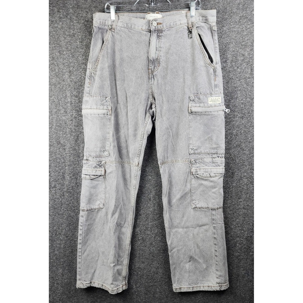 PacSun Cargo Jeans Mens 34x32 Y2K Baggy Grey Multi Pocket Denim Pants